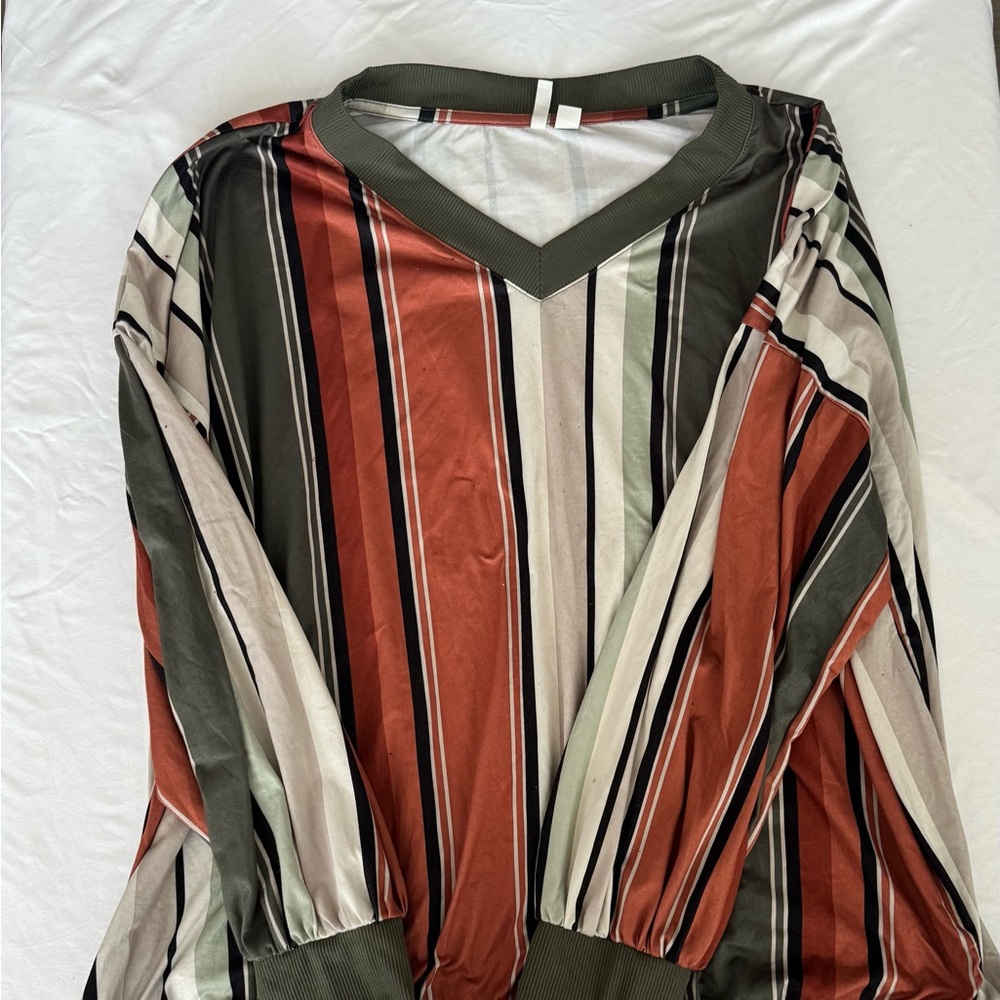 Olive and Rust Striped V-Neck Sweatshirt